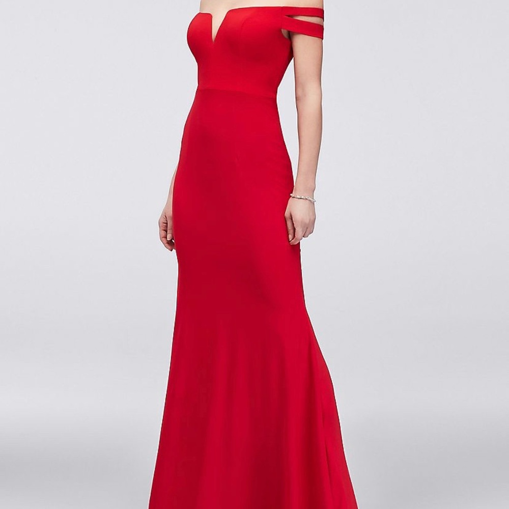 Double strap off the shoulder jersey sheath dress